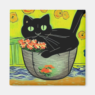 Imã Gato Preto em Pote Flor