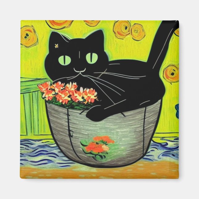 Imã Gato Preto em Pote Flor (Frente)
