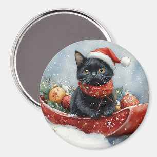 Imã Gato Preto em Trenó Deixe Nevar Natal