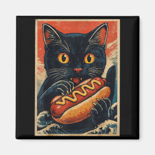 Imã Gato Preto Engraçado Comendo Cachorro Quente Japon