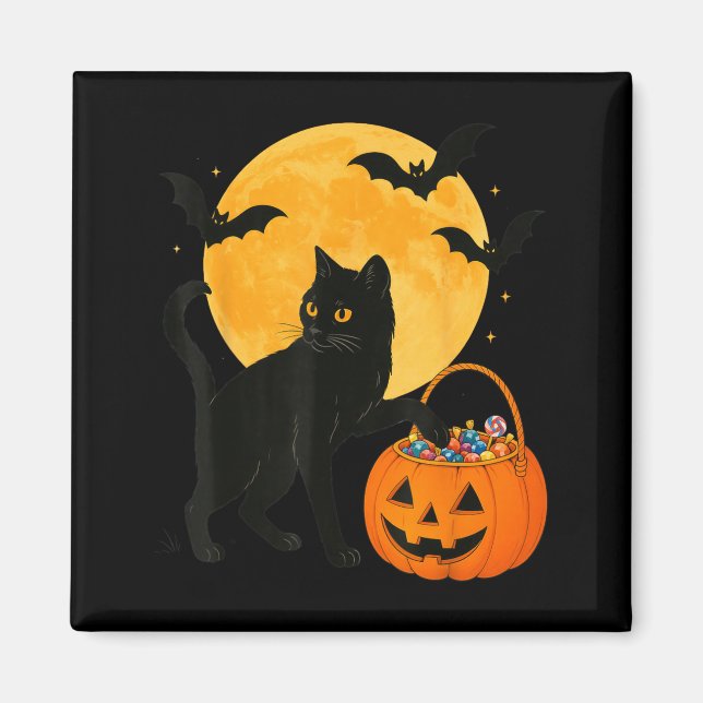 Imã Gato Preto Engraçado de Halloween com Abóbora e Do (Frente)