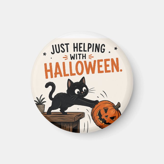 Imã Gato Preto Engraçado Derrubando Abóbora de Hallowe (Frente)