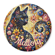 Gato Preto Felino Floral Caprichoso Personalizado