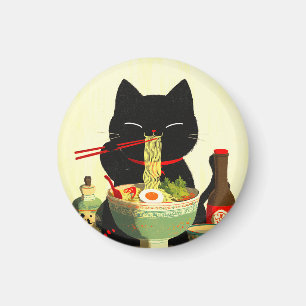 Imã Gato Preto Feliz Comendo Ramen Ukiyo-e Japonês