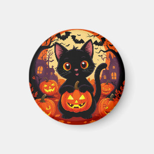 Imã Gato Preto Fofo com Abóboras de Halloween
