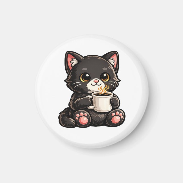 Imã Gato Preto Fofo com Café (Frente)