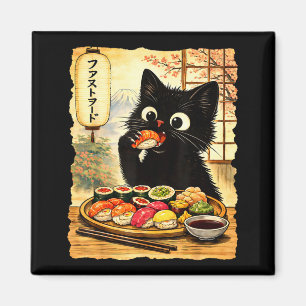 Imã Gato preto fofo comendo sushi comida japonesa kawa