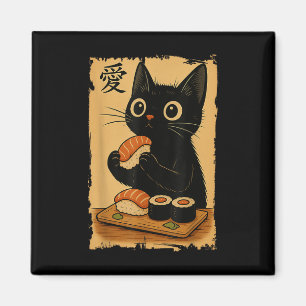 Imã Gato Preto Fofo Kawaii Comendo Sushi Japonês Engra