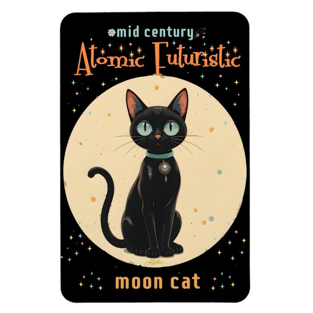 Ímã Gato Preto Futurista Atômico da Lua com texto (Vertical)