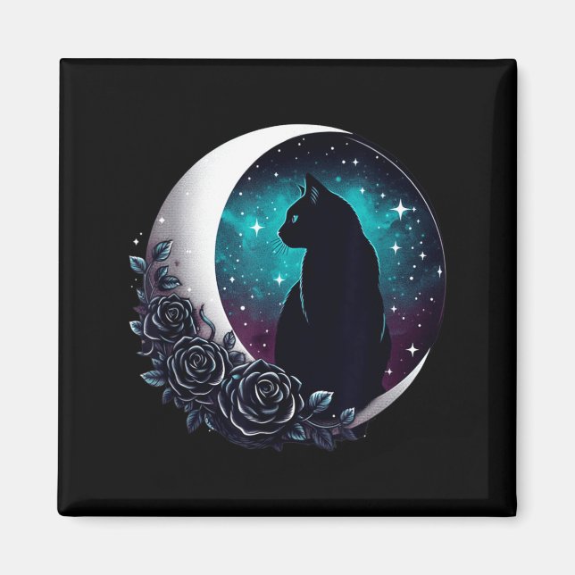 Imã Gato Preto Místico Com Lua E Rosas Celestiais (Frente)