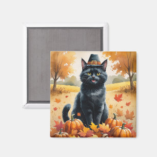 Imã Gato Preto na Arte de Ação de Graças das Folhas de
