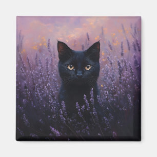 Imã Gato Preto numa Ilustração de Campo de Lavanda