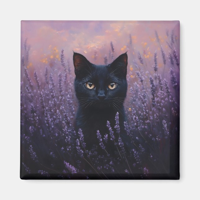 Imã Gato Preto numa Ilustração de Campo de Lavanda (Frente)