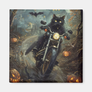 Imã Gato Preto Pilotando Moto Halloween Assustador