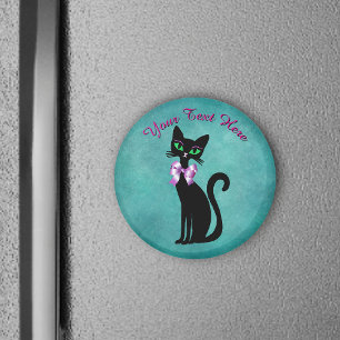 Imã Gato preto sentado bonito Laço Rosa Olhos Verdes A