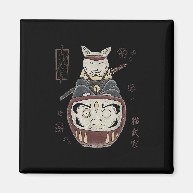 Imã Gato Samurai Ninja Japonês Sobre Daruma Tradiciona (Frente)
