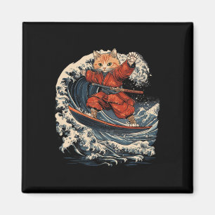 Imã Gato Samurai Surfando Grande Onda Ronin Katana