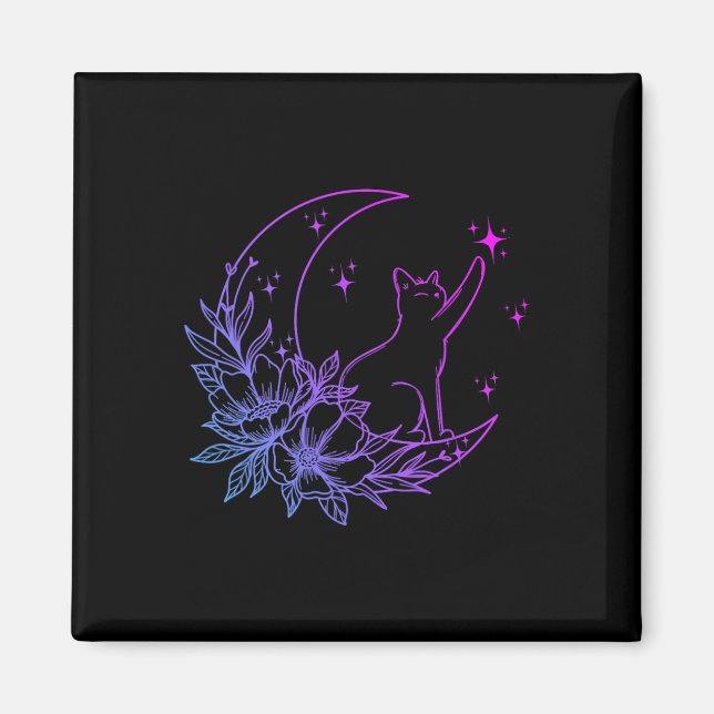 Imã Gato Sentado No Crescente Flor Da Lua Estrelas Mul (Frente)