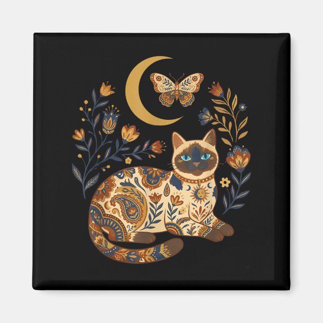 Imã Gato Siames Celestial Boho Floral Lua (Frente)