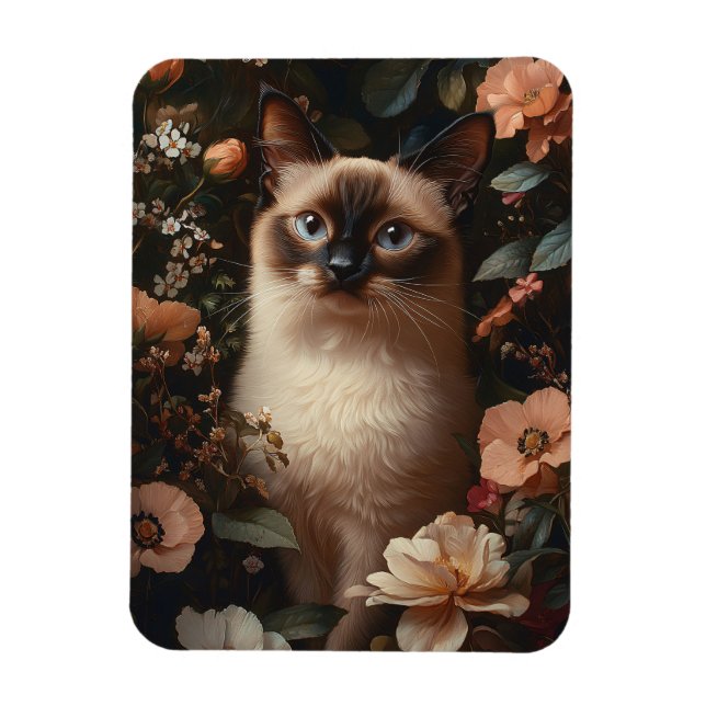 Ímã Gato Siamês Cercado Por Flores Rosa Flexíveis (Vertical)