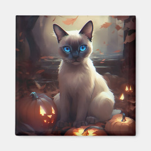 Imã Gato Siames de Halloween com Abóboras Assustador 