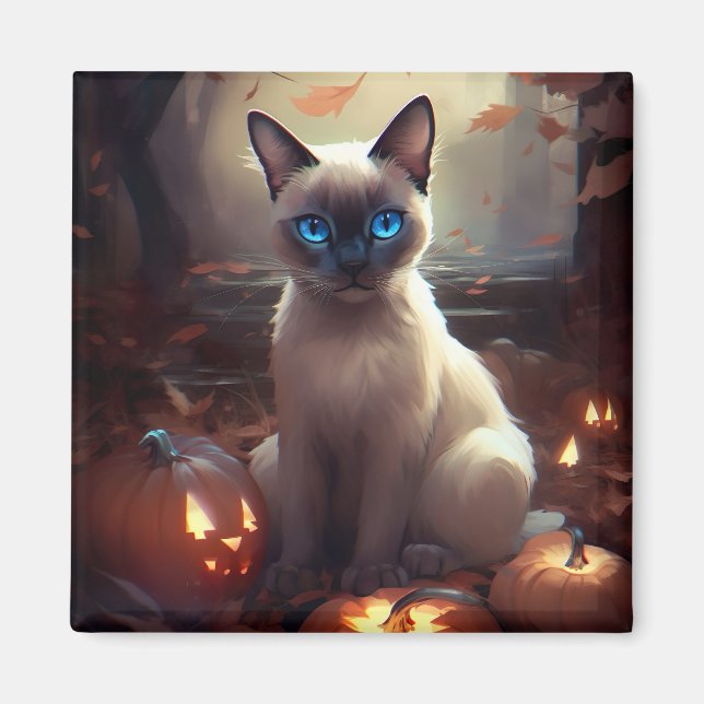 Imã Gato Siames de Halloween com Abóboras Assustador  (Frente)