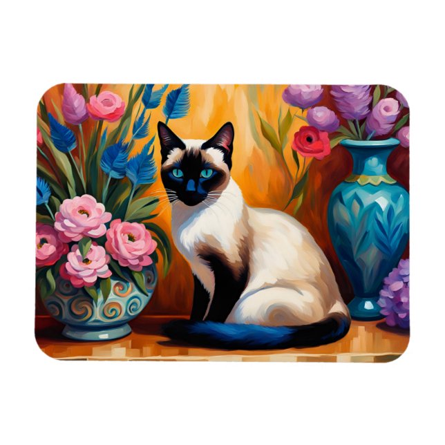 Ímã Gato siamês e Buquês em Vases (Horizontal)