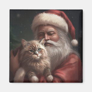 Imã Gato Siberiano com Papai Noel Natal Festivo