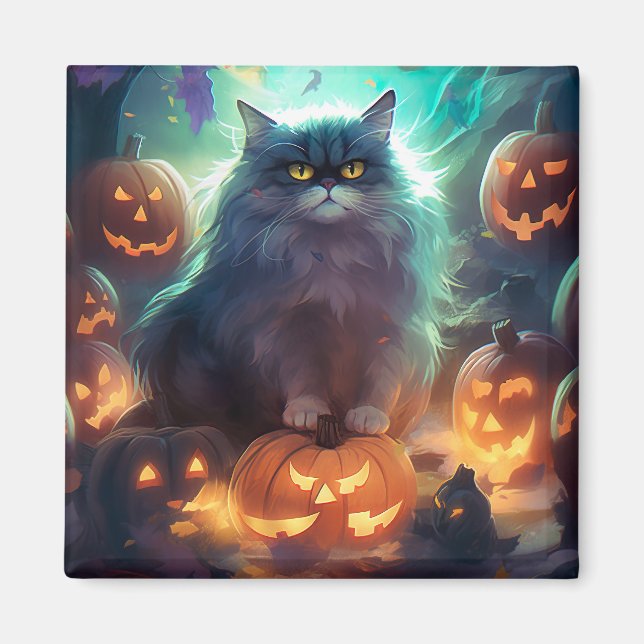 Imã Gato Siberiano de Halloween com Abóboras Assustado (Frente)