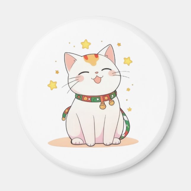Imã Gato Sortudo com Estrelas Design Kawaii (Frente)