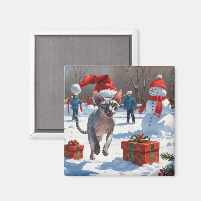 Imã Gato Sphynx Correndo na Neve com Chapéu de Natal (Front/Back)