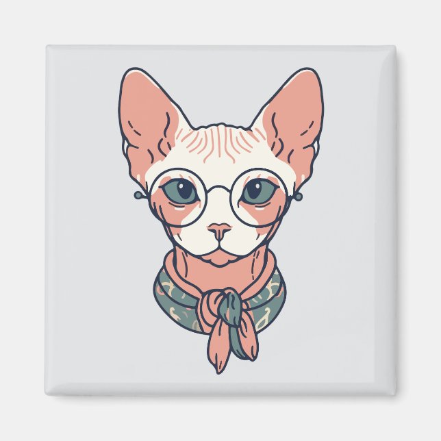 Imã Gato Sphynx sem pelos usando óculos (Frente)
