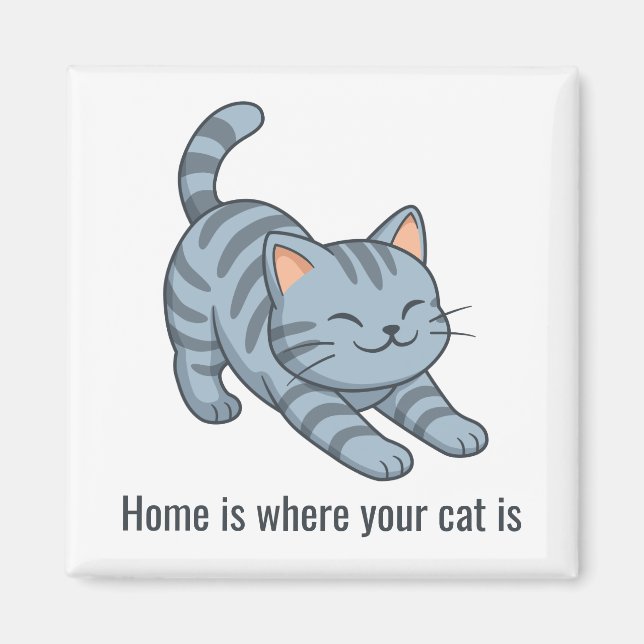 Imã Gato Tabby Cinza Esticando Texto Personalizado (Frente)