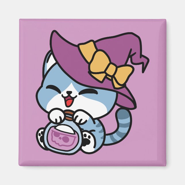 Imã Gato Tabby de Halloween – Arte de Chapéu de Bruxa  (Frente)