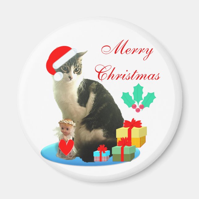 Imã Gato tabby de Natal, anjinho & presentes (Frente)