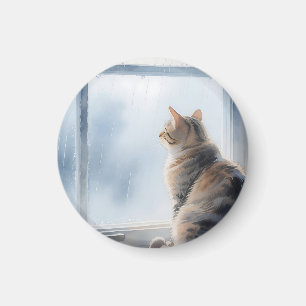 Imã Gato Tabby em Aquarela na Janela Chuvosa