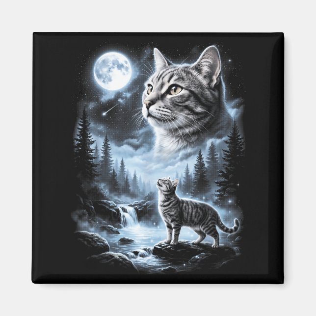 Imã Gato Tabby Gato Uivando Para a Lua 90s Retro (Frente)