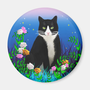 Imã Gato Tuxedo com íman de flores