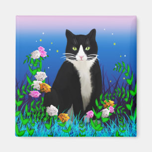 Imã Gato Tuxedo com íman de flores