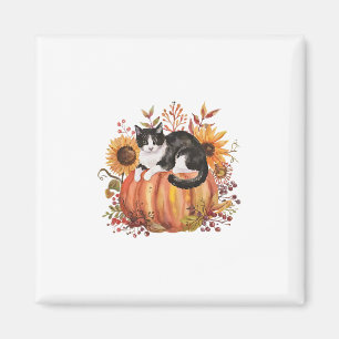 Imã Gato Tuxedo de Abóbora de Outono Flor de Girassol