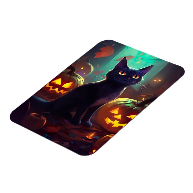 Ímã Gato Tuxedo de Halloween com Abóboras Assustador (Left Side)