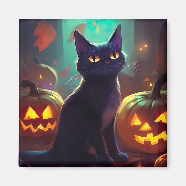 Imã Gato Tuxedo de Halloween com Abóboras Assustador (Frente)