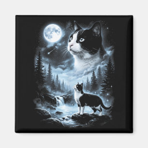 Imã Gato Tuxedo Uivando Para a Lua 90s Retro