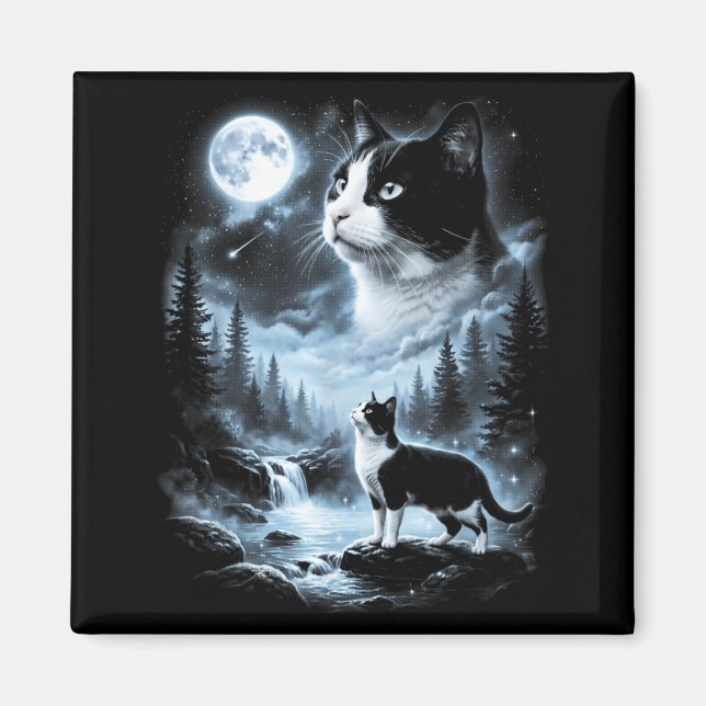 Imã Gato Tuxedo Uivando Para a Lua 90s Retro (Frente)
