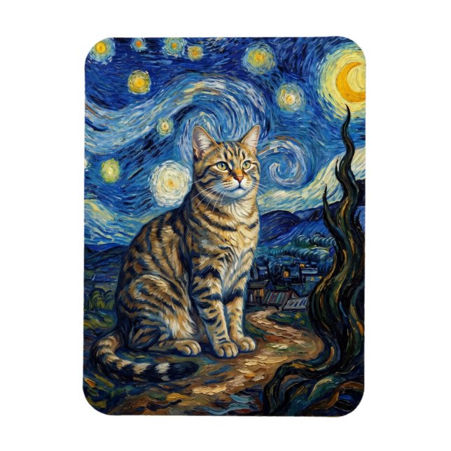 Ímã Gato Van Gogh Noite Estrelada Arte Impressionista (Vertical)
