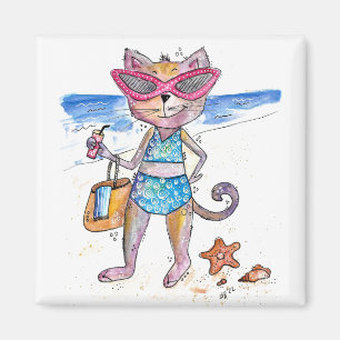 Imã Gato Whimsical Bonito na Praia
