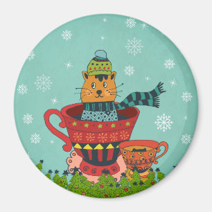 Imã Gato Whimsso Sentado em um Natal Teacup