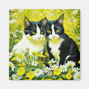 Imã Gatos adoráveis sentados em um campo de Margaridas