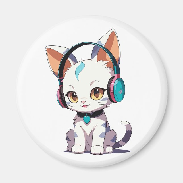 Imã Gatos bonitos com Fones de ouvido (Frente)
