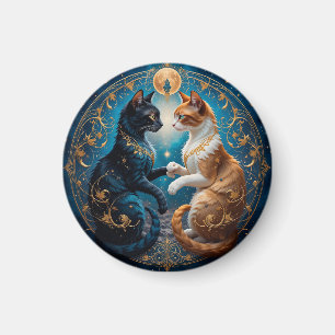 Imã Gatos Celestiais em Arte Cósmica com Ouro e Azul
